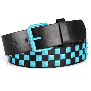 Y2K punk style black leather belt with double rows of blue square rivets and pin buckle