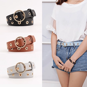 Ceinture pour Femme en Cuir PU avec Boucle Ronde Dorée et Oeillets Métalliques Ceinture Décorative pour Jeans Robes Accessoire Décontracté