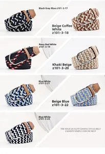 Selection of seven elastic woven canvas belts in various multi-color stripe patterns