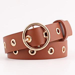 Ceinture marron chic pour femme avec boucle ronde dorée polie et œillets métalliques