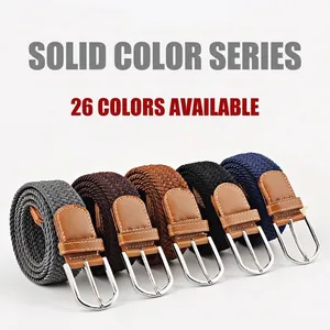 Elastic woven belts with metal pin buckle and leather tips in 26 multiple color options