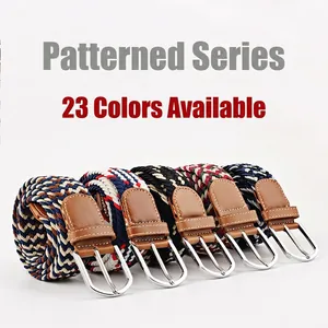 Elastic woven canvas belts in 23 colors with metal buckles and faux leather tips