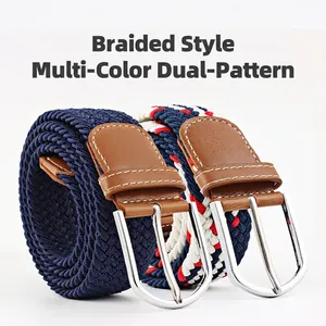 Elastic woven belts with silver D-ring buckle and brown faux leather details