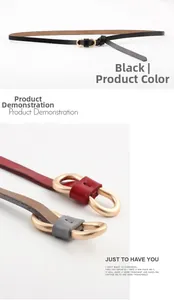 Vue détaillée des ceintures fines avec boucles dorées à double anneau en noir et rouge