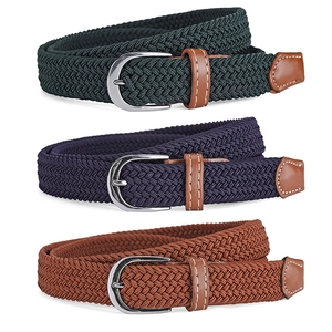Elastic braided canvas belt for men and women with metal pin buckle and leather trim detail