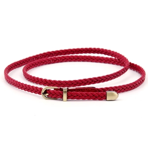Slim handmade braided red waist belt for women with a vintage golden pin buckle