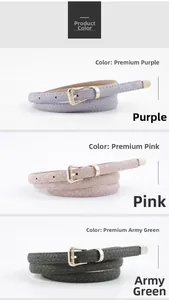 Vue détaillée des ceintures fines pour femmes à motif serpent en violet, rose et vert armée