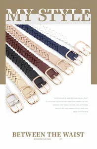 Close-up of stylish woven waist belts in multiple colors with elegant gold square buckles