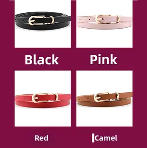 Dettagli di cinture sottili in pelle da donna in nero, rosa, rosso e cammello con fibbie oro