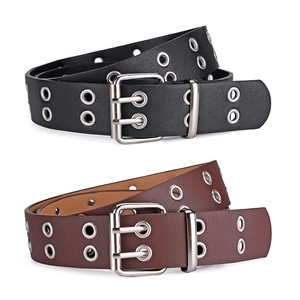 Women Punk Faux Leather Belt Double Row Eyelets Double Prong Buckle With Detachable Metal Chain Streetwear Goth Waist Belt