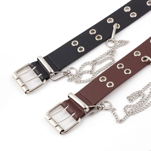 Punk style faux leather belt with double grommets and detachable silver metal chain