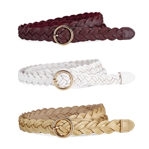 Women's Fashion Woven Belt Simple Synthetic Leather Braided Waist Belt With Round Alloy Buckle Commuter Waist Decoration