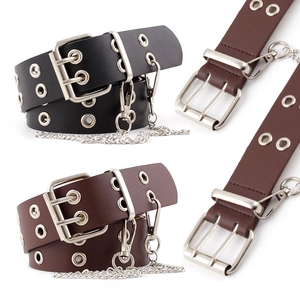 Punk style double grommet PU leather belt with dual prong buckle and detachable metal chain