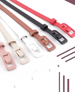 Close-up of six colorful thin patent leather belts with matching square buckles for women