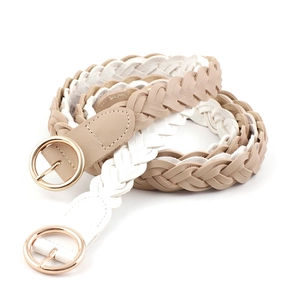 Set of two stylish braided belts for women with round gold buckles in beige and white