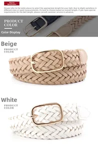 Close-up of woven braided belts in white and beige with round gold metal buckles