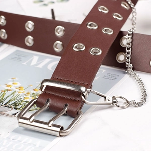 Brown punk leather belt with double grommets, silver double prong buckle and metal chain