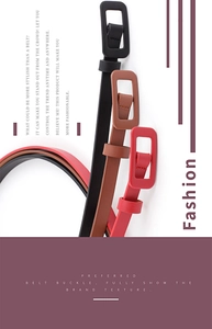 Three minimalist skinny waist belts in black, brown, and red with matte texture buckles