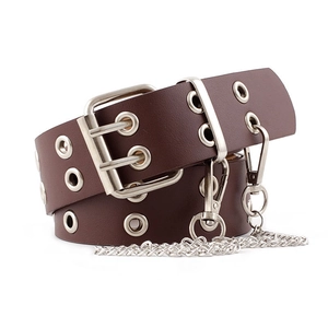 Dark brown PU leather punk belt with double-row silver eyelets and metal chains