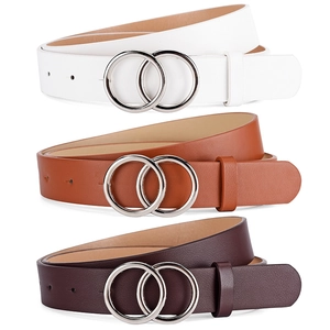 Women Fashion Double Ring Buckle Faux Leather Belt Simple Versatile Waistband For Jeans Casual Pants Accessory