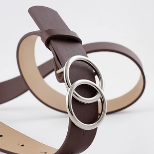 Deep brown leather belt for women featuring a minimalist silver double ring metal buckle