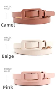 Close-up of skinny patent leather belts in camel, beige, and pink with covered buckles