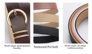 Detailed views of gold plated buckle, textured PU leather, and multi-layer edge painting