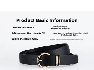 Detail view of black PU leather belt with golden alloy buckle showing 2.8cm width