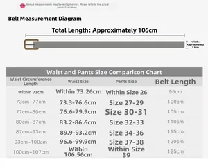 Size chart showing 2.8cm belt width and length measurements from 95cm to 125cm