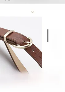 Dettaglio di cinture in pelle con motivo a coccodrillo in marrone e grigio e fibbie oro