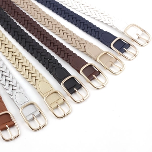 Braided elastic belts for women in multiple colors with square metal pin buckles set