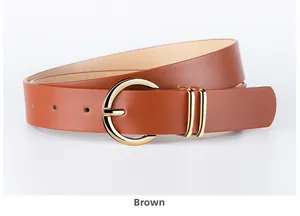Close-up of brown PU leather belt featuring a round gold buckle and double loop detail