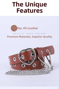 Detail view of brown PU leather belt featuring silver heart buckle and multilayered metal chains