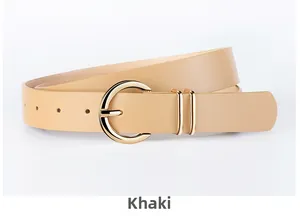 Close-up of khaki PU leather belt featuring a round gold metal buckle and five adjustment holes