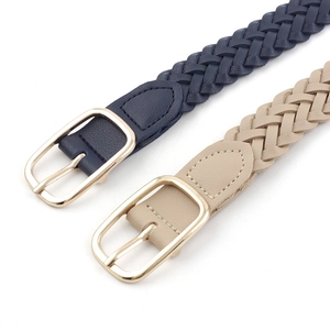 Women's braided waist belt with oval gold buckle in navy blue and beige colors
