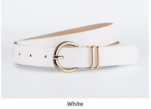 Close-up of white PU leather belt with golden C-shape metal buckle and dual metal loops