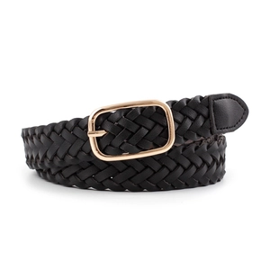 Women's black braided leather belt with a polished gold square metal buckle