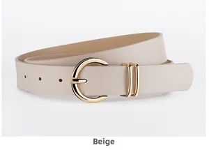 Close-up of beige PU leather belt with a golden round pin buckle and double loops