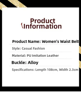 Detailed size chart for women's heart buckle PU belt showing length 108cm and width 2.3cm