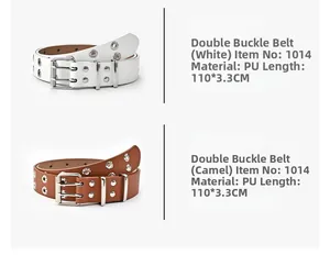 Vue détaillée de ceintures punk à double œillet en cuir PU blanc et camel à boucle argent