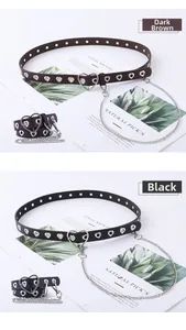 Détails de ceintures punk noires et marron foncé avec boucles cœur et chaînes en métal