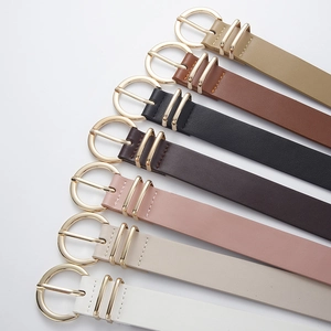 Set of seven colorful PU leather belts for women with round gold metal pin buckles