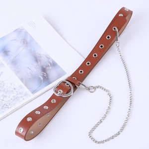 Punk brown leather belt with silver heart buckle, eyelets, and detachable chain accessory