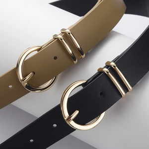 Women's minimalist PU leather belts in black and khaki with round gold metal buckles