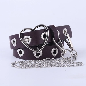 Ceinture Punk en Cuir PU pour Femmes Boucle Cœur Œillets Ajourés Sangle Décorative Avec Chaîne en Métal Amovible Accessoire Mode Y2K Gothique