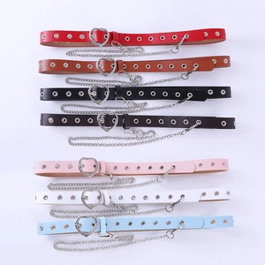 Multi-color punk style heart buckle belts with metal chains and eyelets for women
