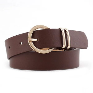 Classic dark brown PU leather belt for women with a round golden metal buckle and dual loops