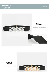 Elastic waist belt for women with elegant gold and silver chain buckle detail