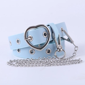 Light blue heart buckle leather belt with silver grommet holes and a detachable chain link