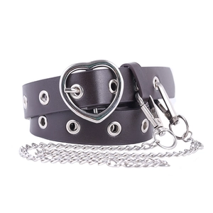 Dark brown leather belt with heart-shaped silver buckle and hanging metal chain